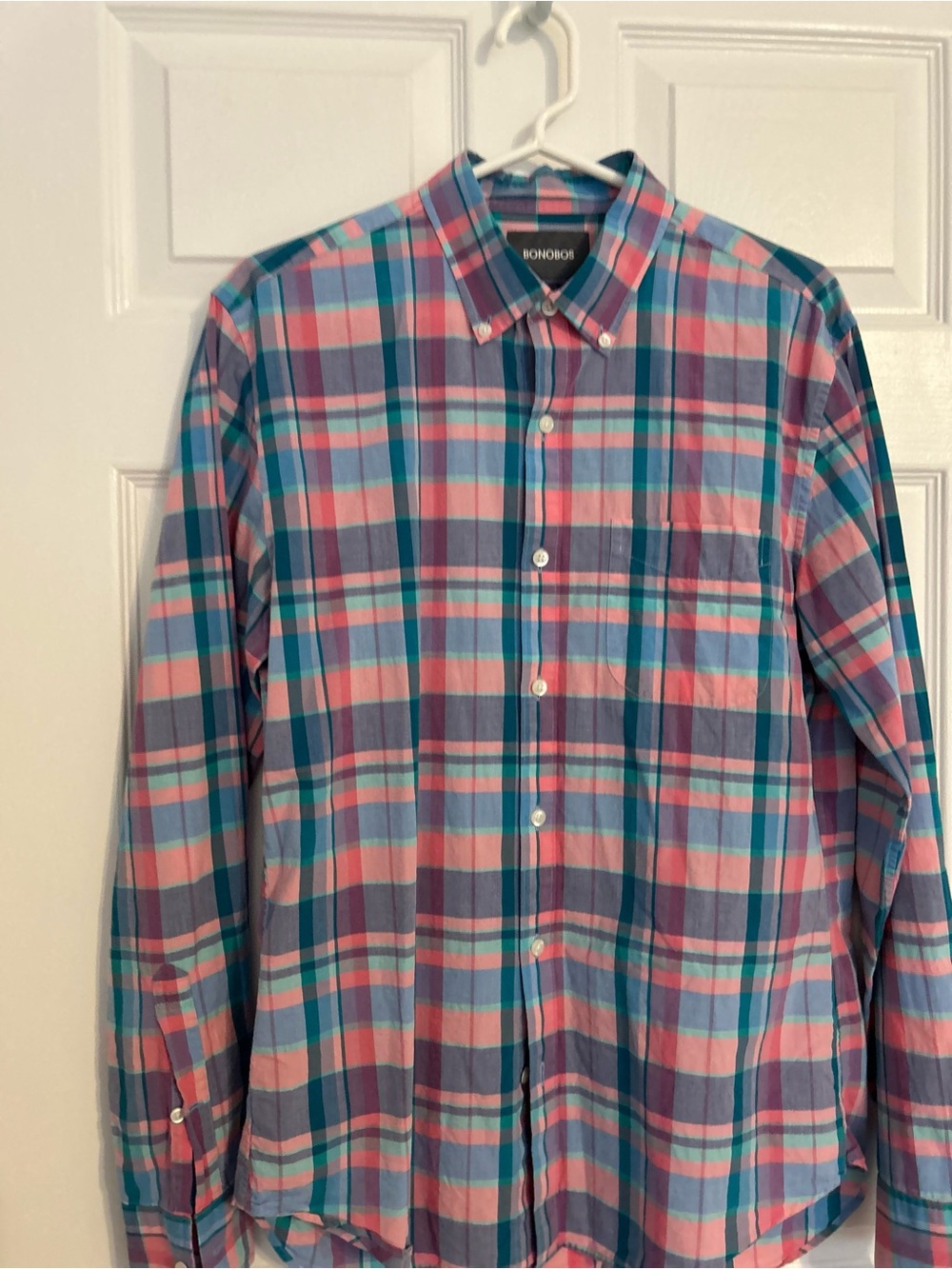 Bonobos Pink and Blue Plaid Long-Sleeve Button-Down Shirt
